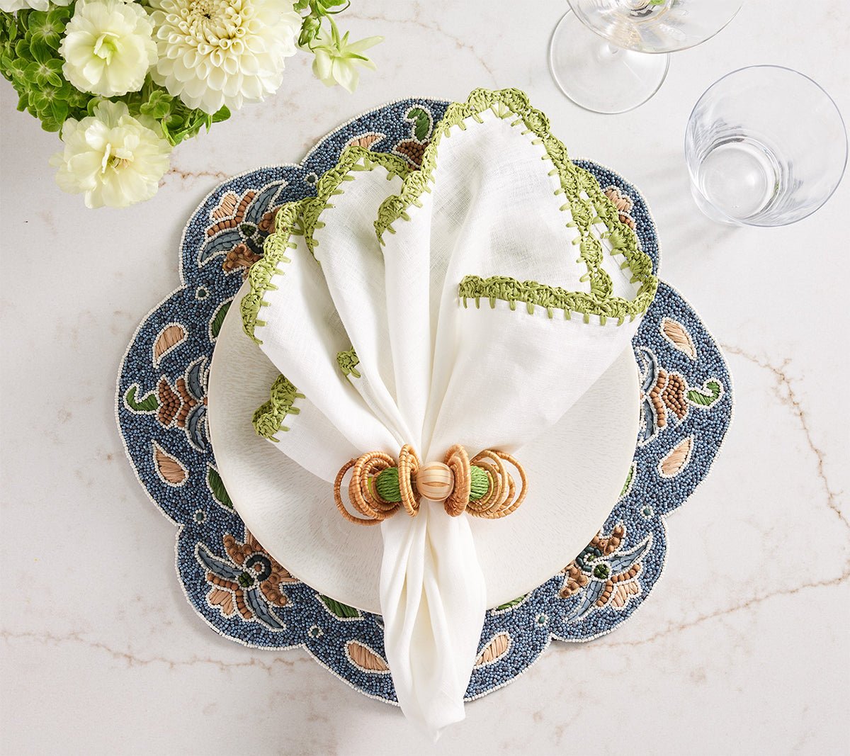 Calypso Napkin Ring in Natural & Green Set of 4 by Kim Seybert at Fig Linens and Home - Lifestyle 4