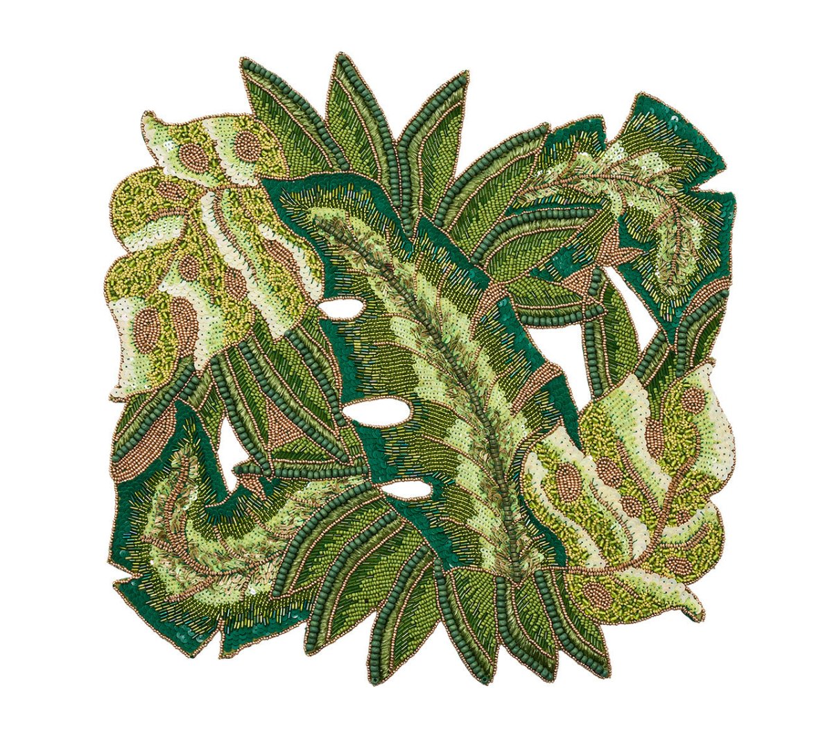 Calypso Placemat in Green & Gold | Tropical Beaded Placemats with Sequins, Palms and Leaves 1
