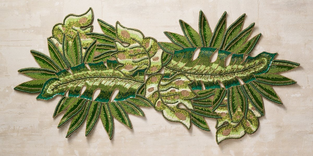 Calypso Runner in Green & Gold | Kim Seybert Table Runner at Fig Linens and Home 5