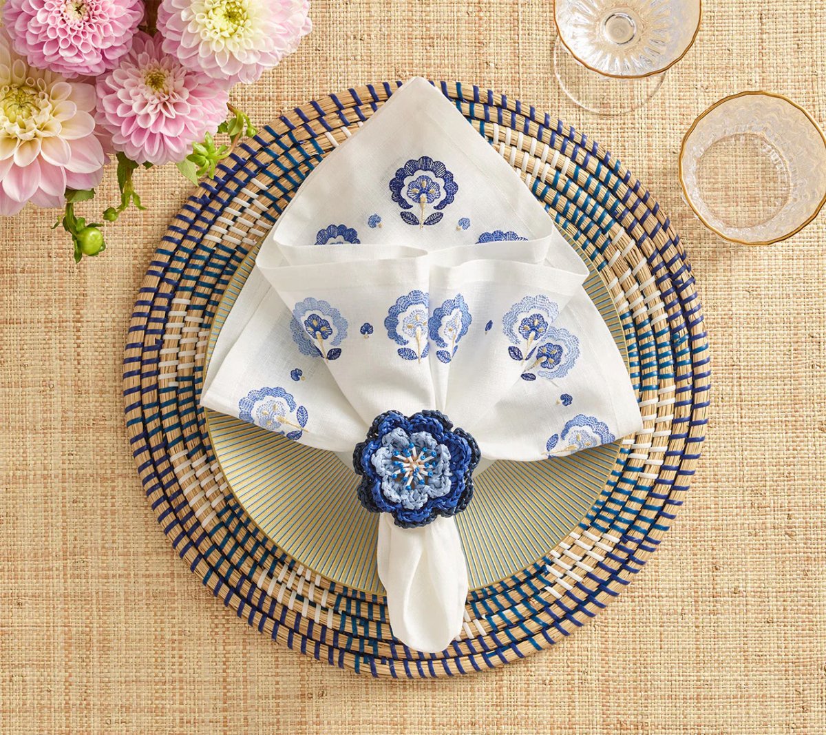 Carnation Napkins in White & Blue by Kim Seybert at Fig Linens and Home - View 3