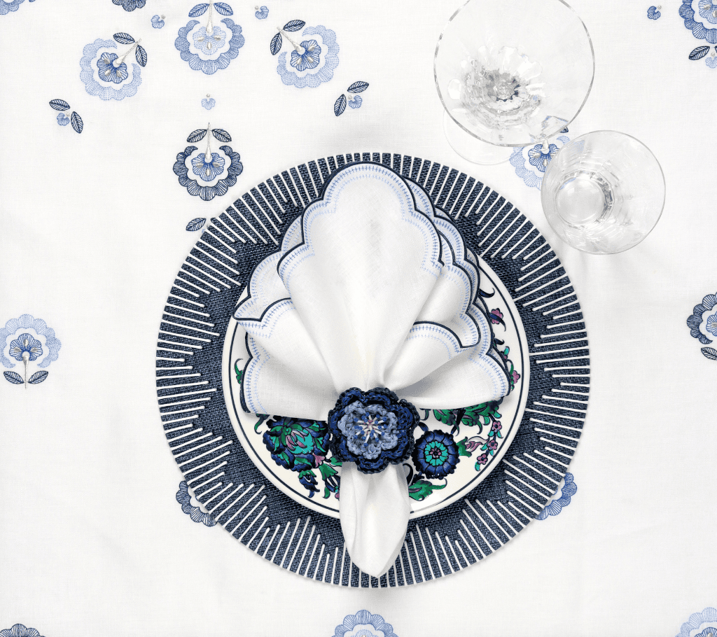 Carnation Tablecloth in White & Blue by Kim Seybert at Fig Linens and Home - Lifestyle 3