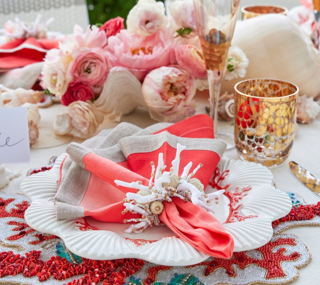 Coral Spray Napkin Ring in White & Natural Set of 4 by Kim Seybert at Fig Linens and Home 3