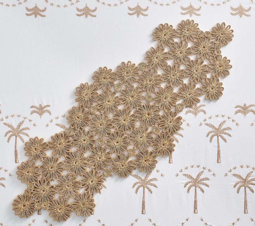 Kim Seybert Embroidered Palm Tablecloth in White Natural & Gold at Fig Linens and Home - Lifestyle 4