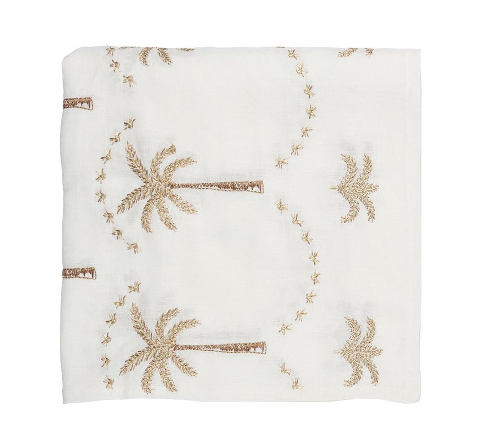 Kim Seybert Embroidered Palm Tablecloth in White Natural & Gold at Fig Linens and Home - Folded