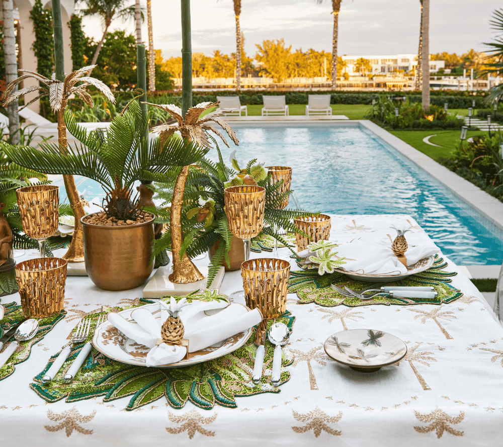 Kim Seybert Embroidered Palm Tablecloth in White Natural & Gold at Fig Linens and Home - Lifestyle 2