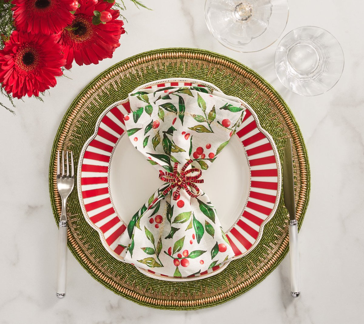 Enamor Placemat in Green & Gold Set of 4 by Kim Seybert - Lifestyle at Fig Linens and Home 3