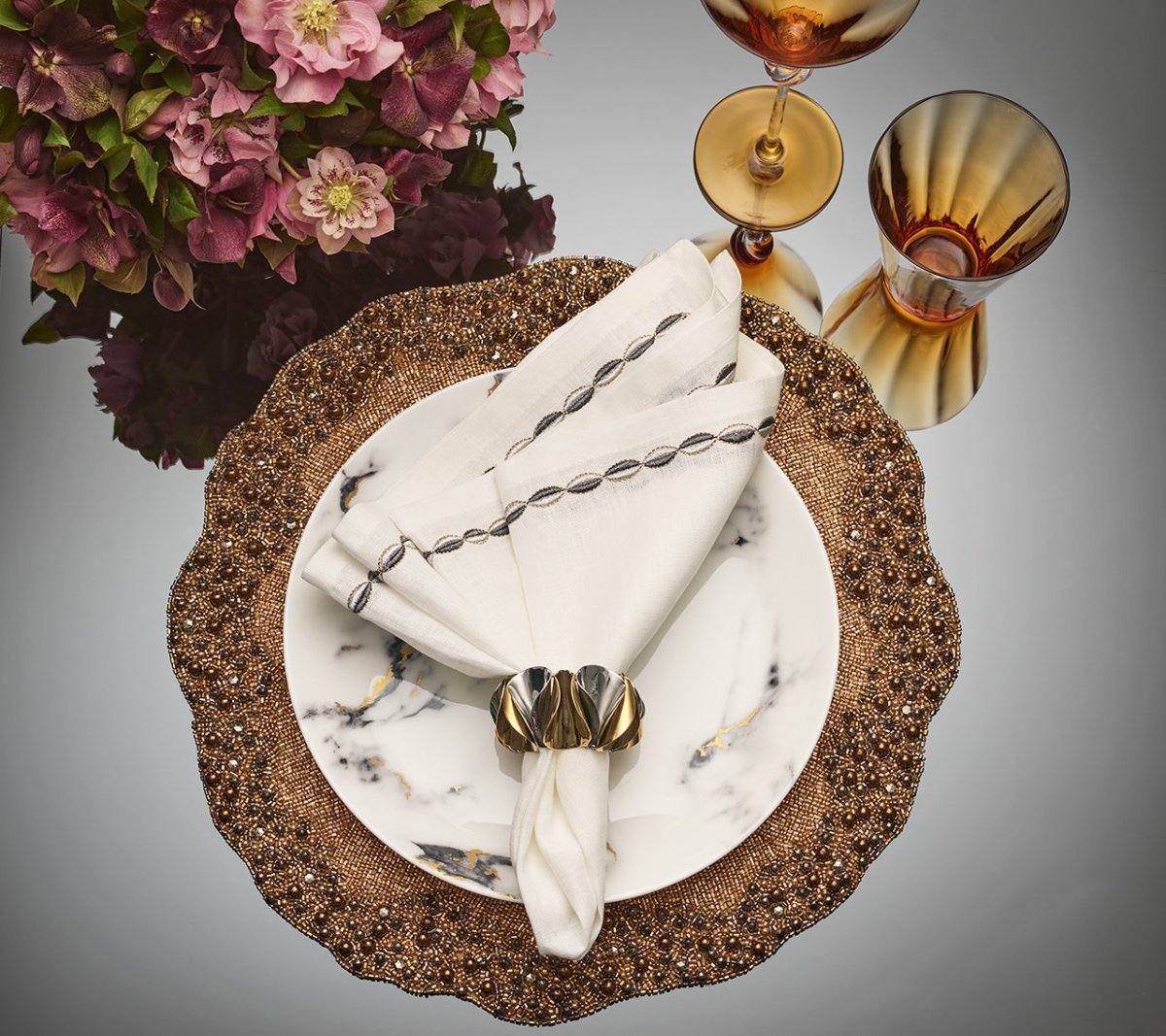 Enigma Napkin Ring in Gold & Silver Set of 4 by Kim Seybert - Lifestyle at Fig Linens and Home 2