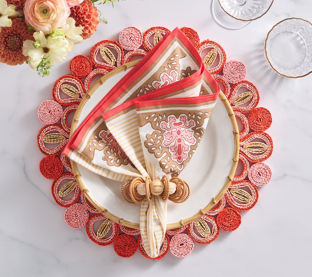 Filigree Napkin in White, Coral & Brown Set of 4 by Kim Seybert at Fig Linens and Home - Lifestyle 1