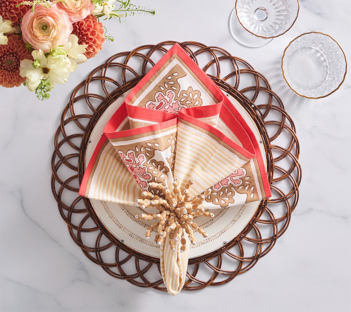 Filigree Napkin in White, Coral & Brown Set of 4 by Kim Seybert at Fig Linens and Home - Lifestyle 2