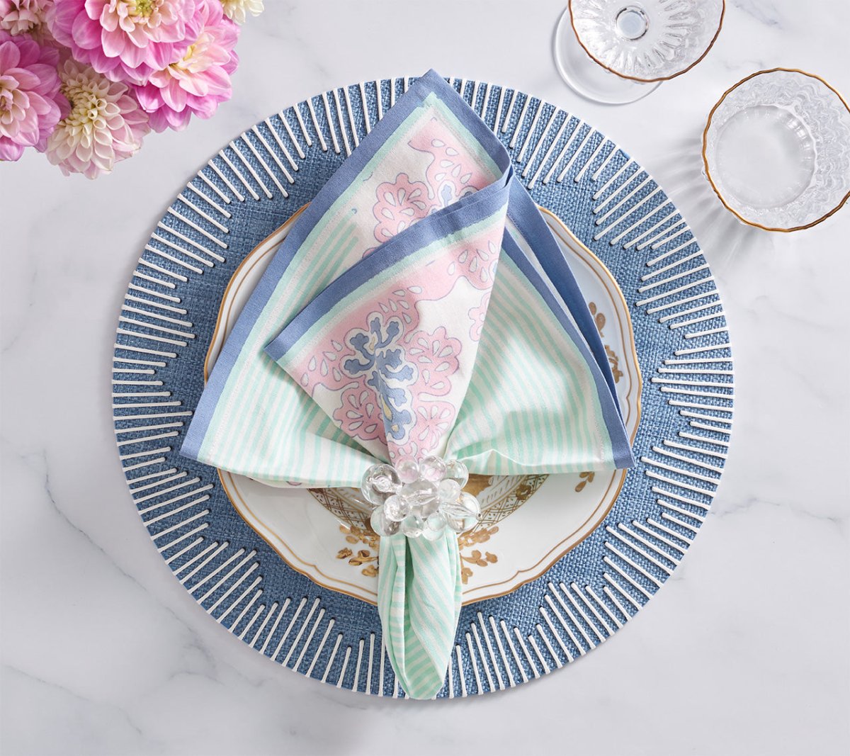 Filigree Napkin in White & Sorbet Set of 4 by Kim Seybert at Fig Linens and Home - Lifestyle 1