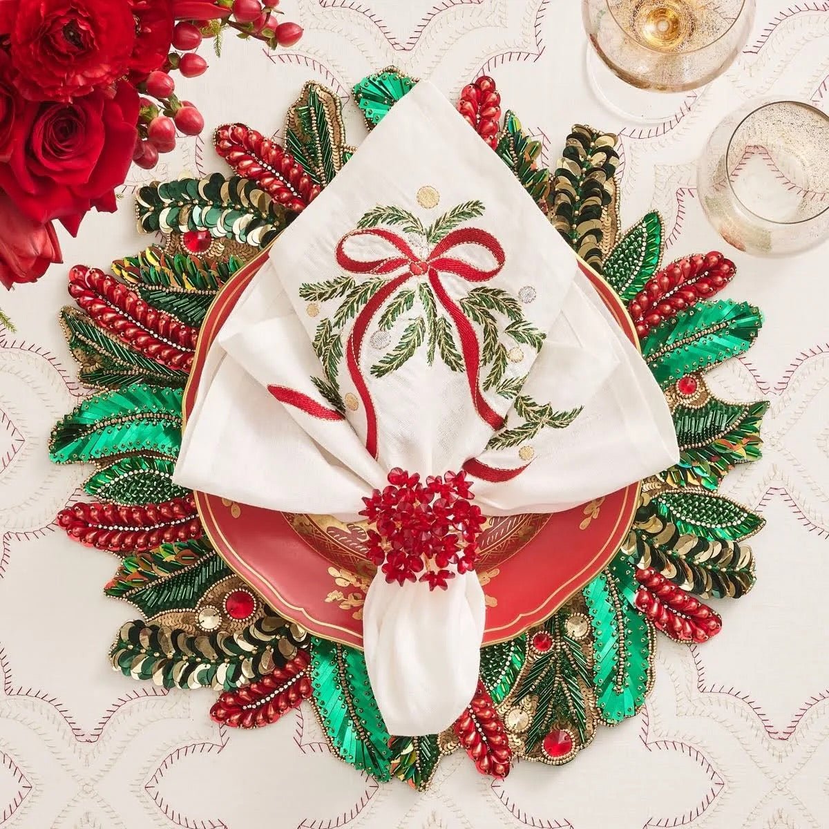 Holly and Sprig Placemat in Green Red & Gold Set of 2 | Kim Seybert Sale 2