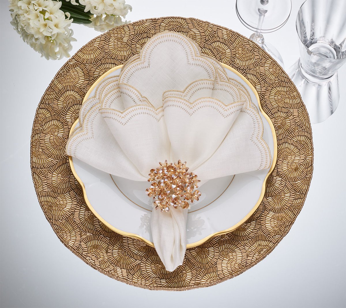 Lune Napkin in White, Gold & Silver, Set of 4 by Kim Seybert White/Gold/Silver 21"L x 21"W x 0.1"H - Set of 4 Napkins at FIG LINENS AND HOME 2