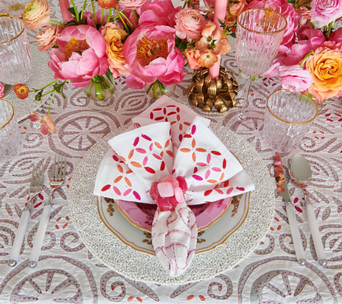 Malta Napkin in White, Pink & Orange by Kim Seybert at Fig Linens and Home 2