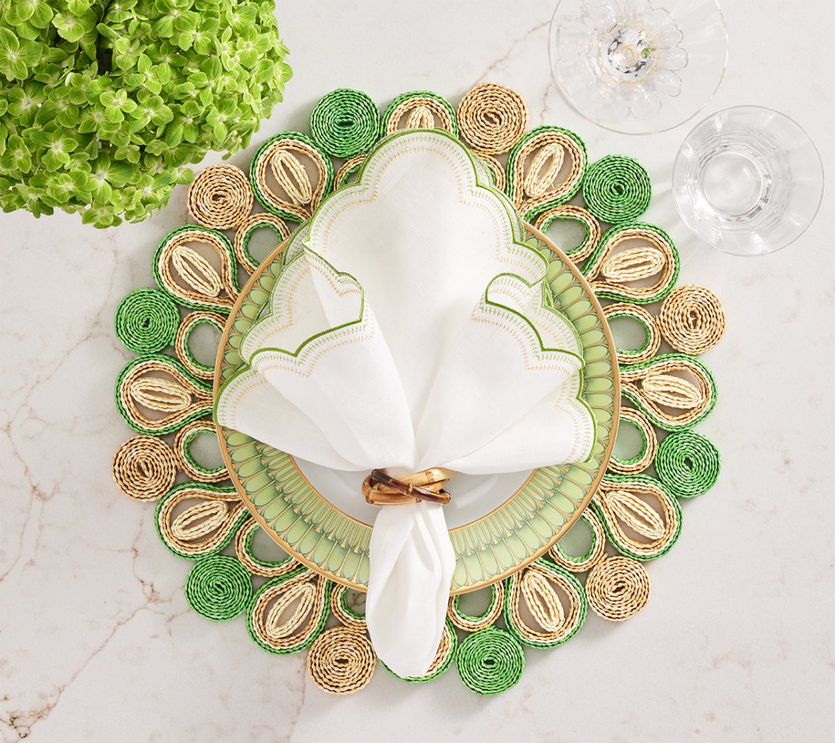 Marisol Placemat in Natural & Green Set of 4 by Kim Seybert - Lifestyle at Fig Linens and Home 2