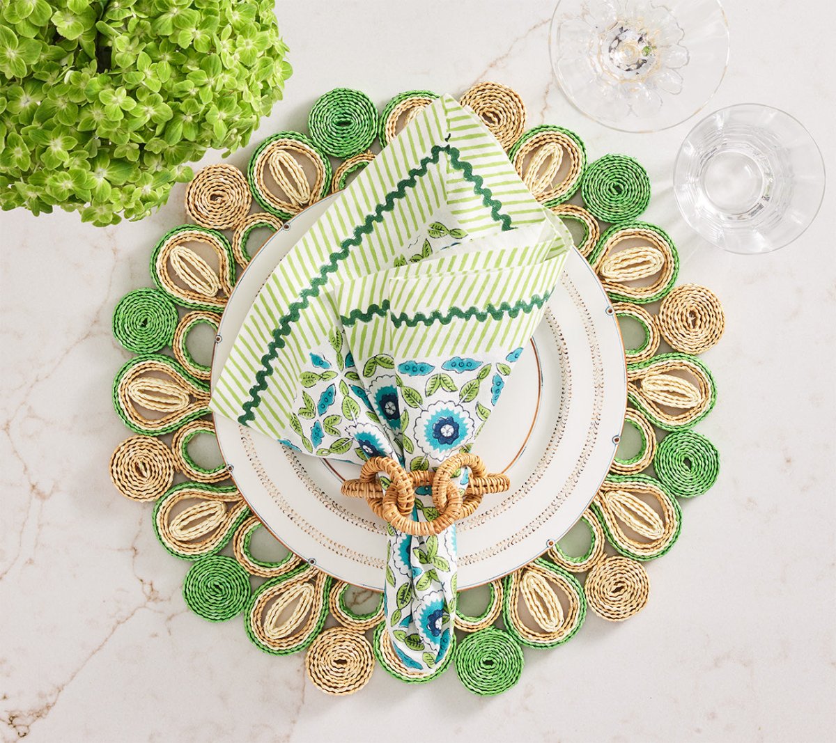 Marisol Placemat in Natural & Green Set of 4 by Kim Seybert - Lifestyle at Fig Linens and Home 3
