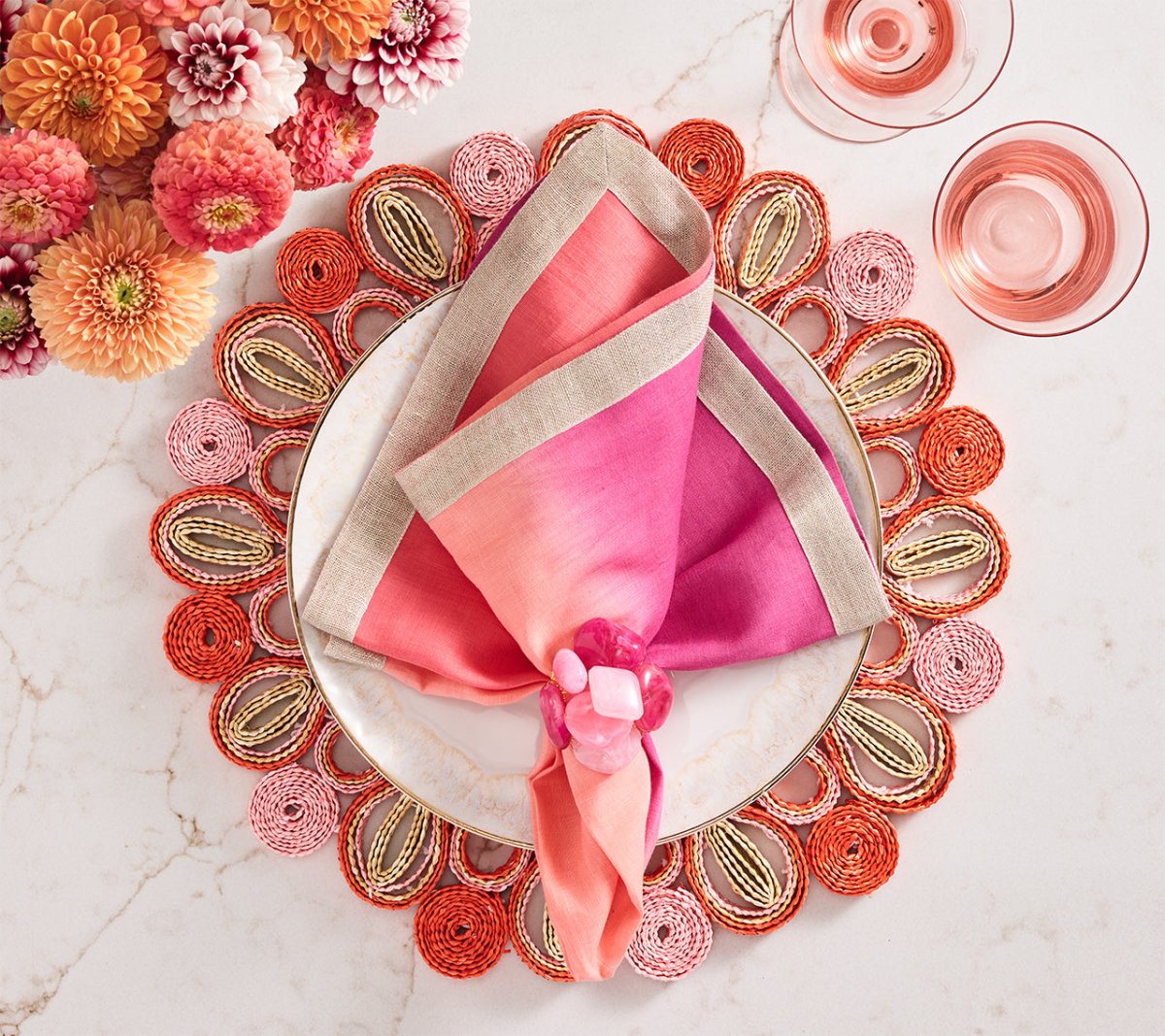 Marisol Placemat in Pink & Orange | Kim Seybert Placemats at Fig Linens and Home - Lifestyle 2