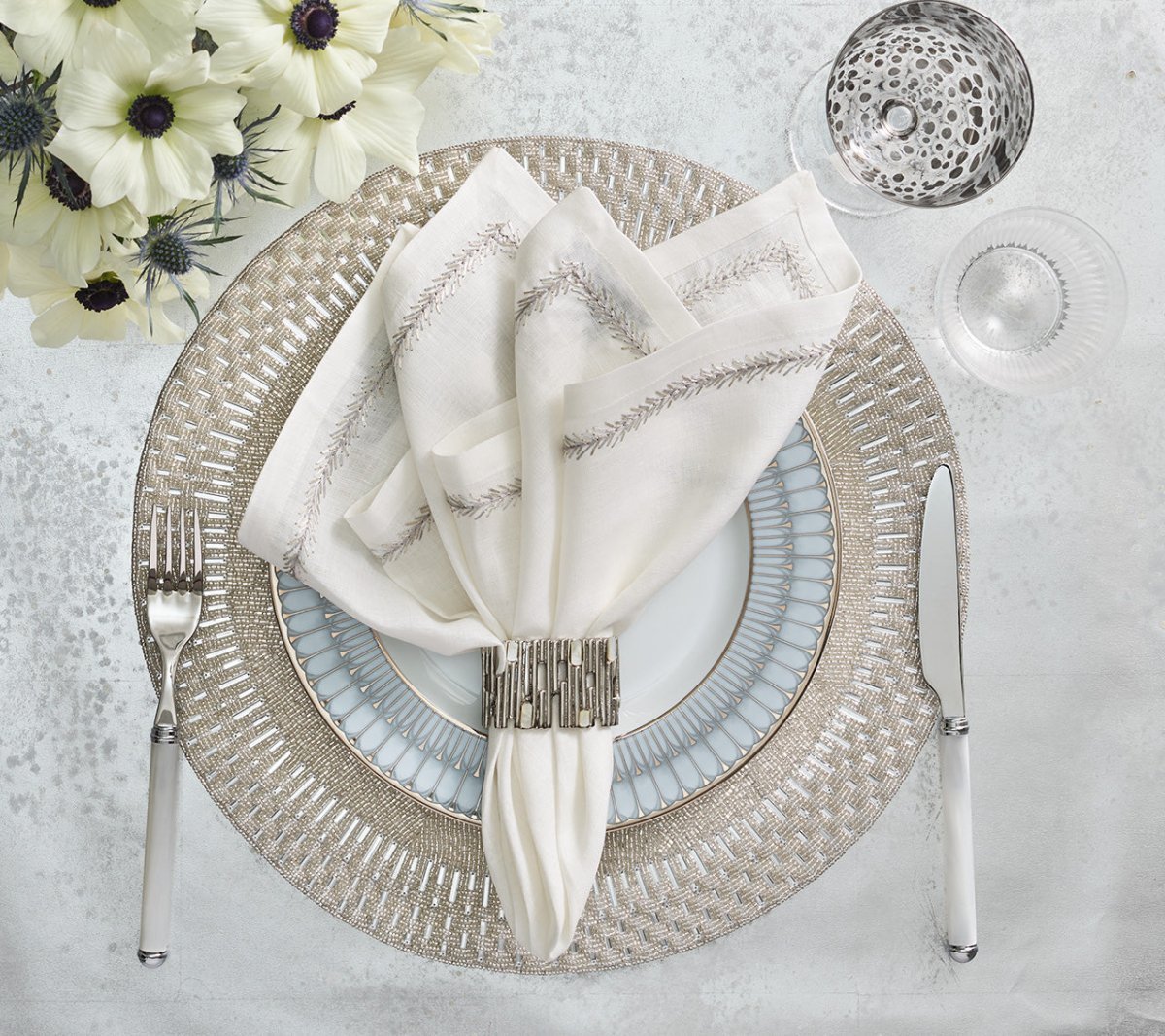 Matrix Napkin Ring in Silver Set of 4 by Kim Seybert at Fig Linens and Home - Lifestyle 2