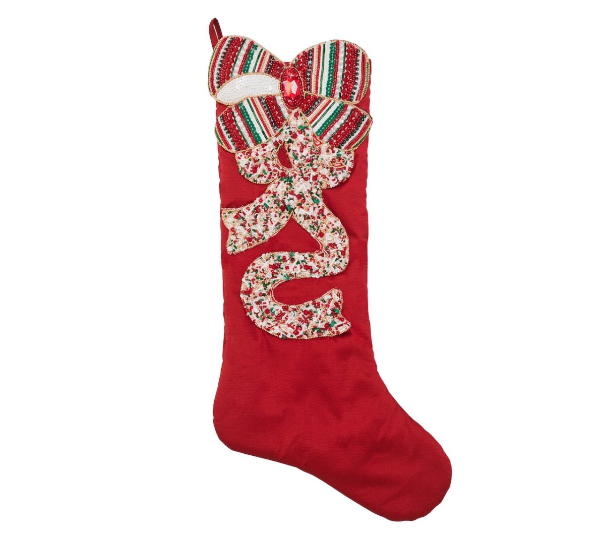 Kim Seybert Red, Green & Gold Merry Bow Christmas Holiday Stocking at Fig Linens and Home 2
