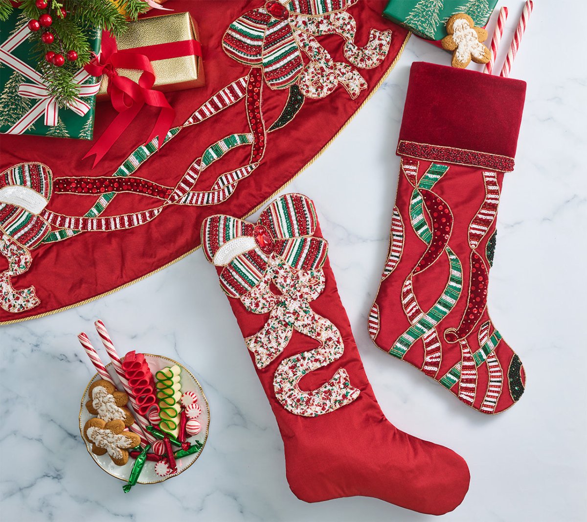 Merry Garland Tree Skirt in Red, Green & Gold Kim Seybert at Fig Linens and Home 3