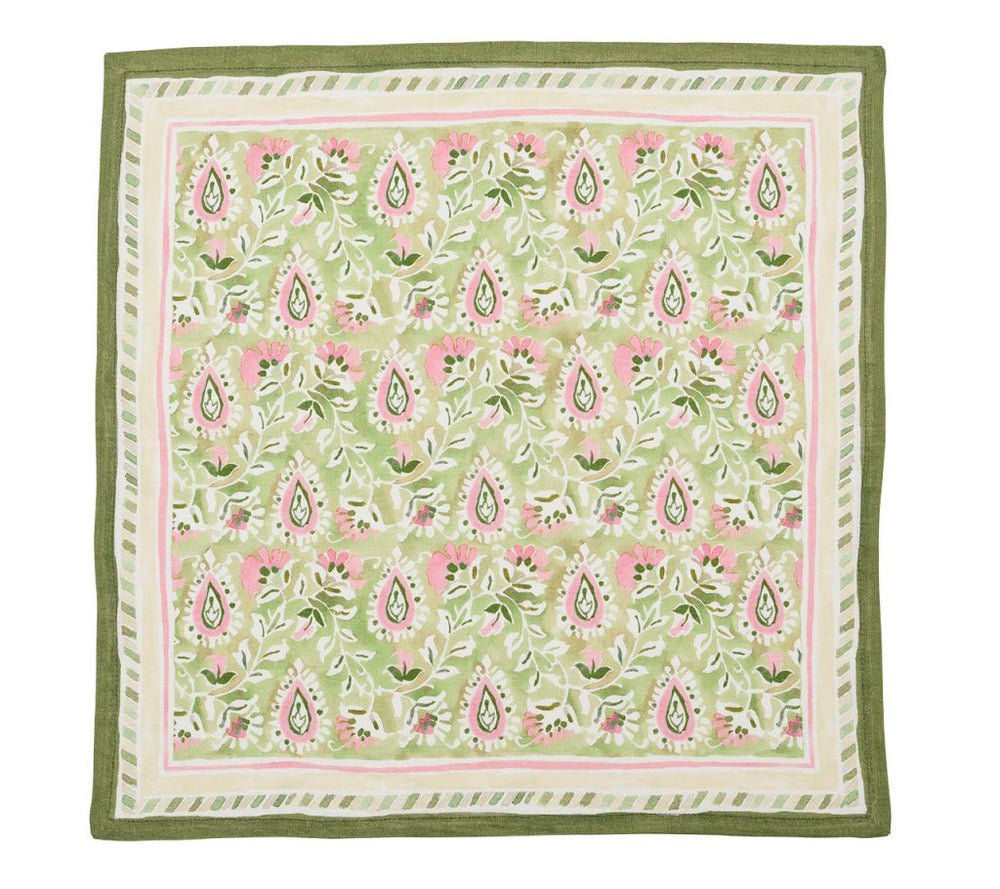 Mira Napkin in Green & Pink by Kim Seybert at Fig Linens and Home - Open Flat