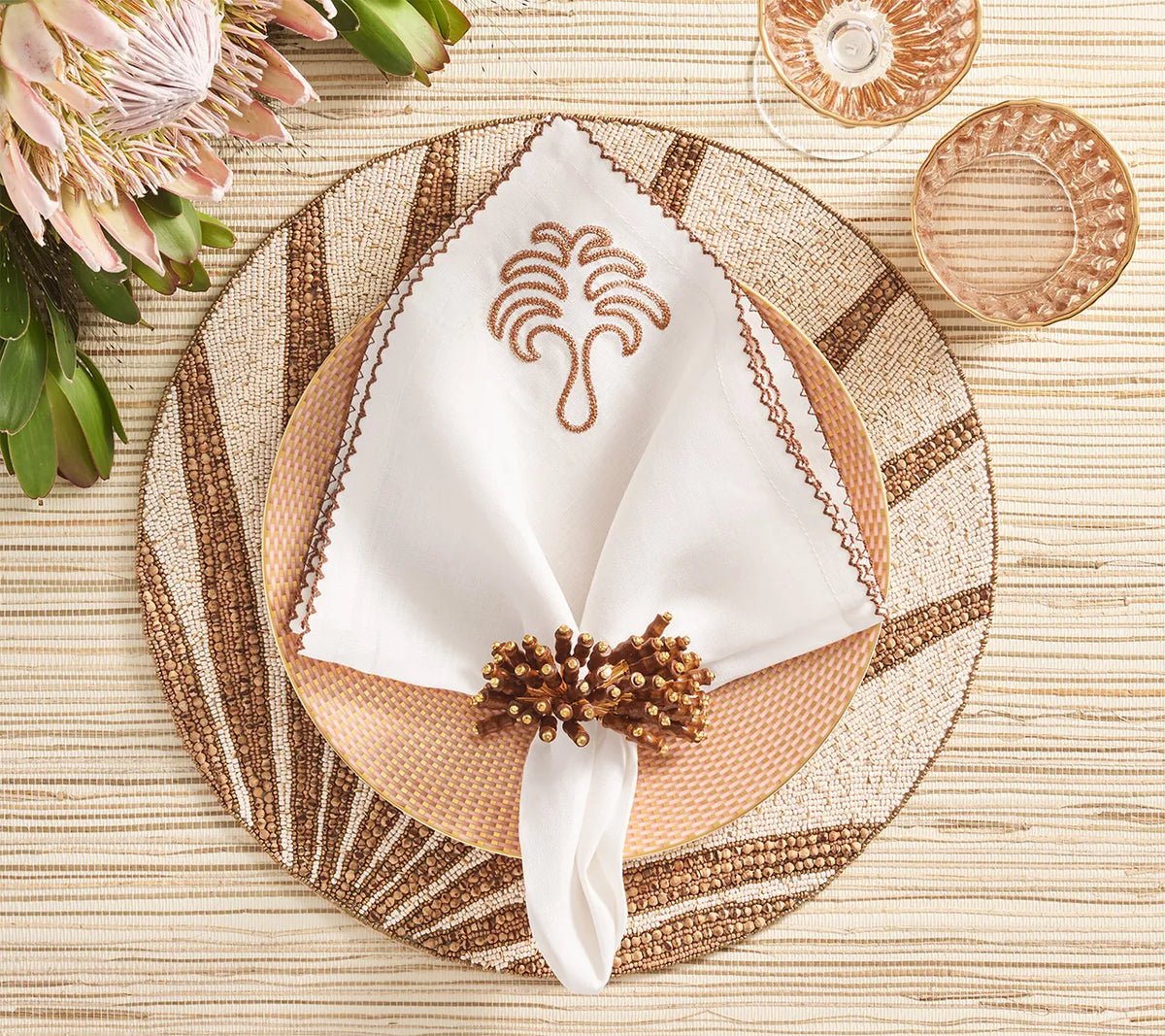 Royal Palm Napkin in White & Brown Set of 4 by Kim Seybert - Lifestyle View 1 at Fig Linens and Home