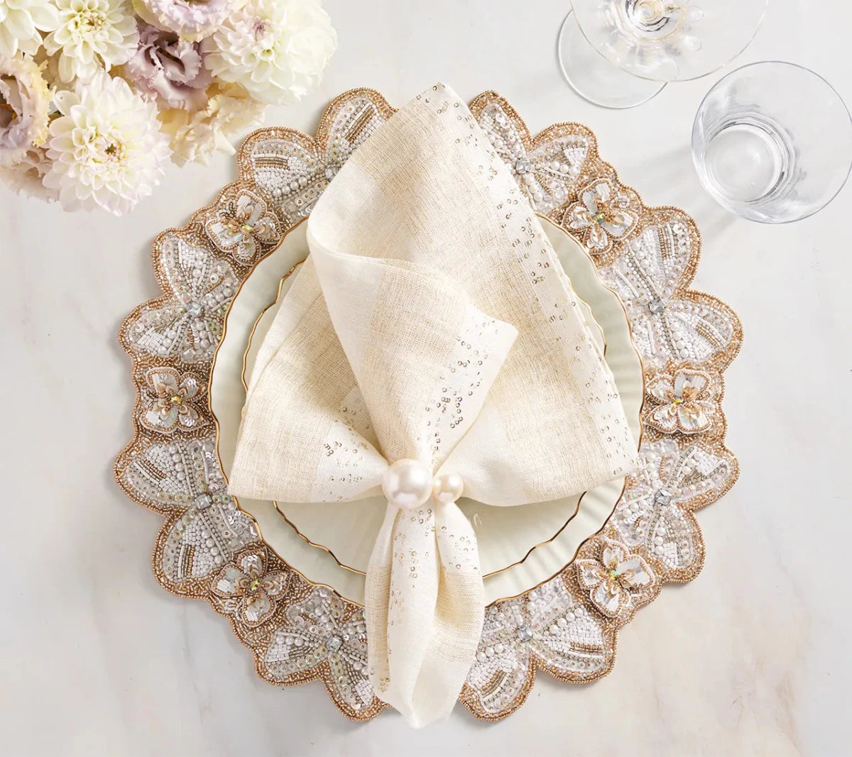 Spectra White & Gold Napkin Detail 6 | Kim Seybert at Fig Linens and Home