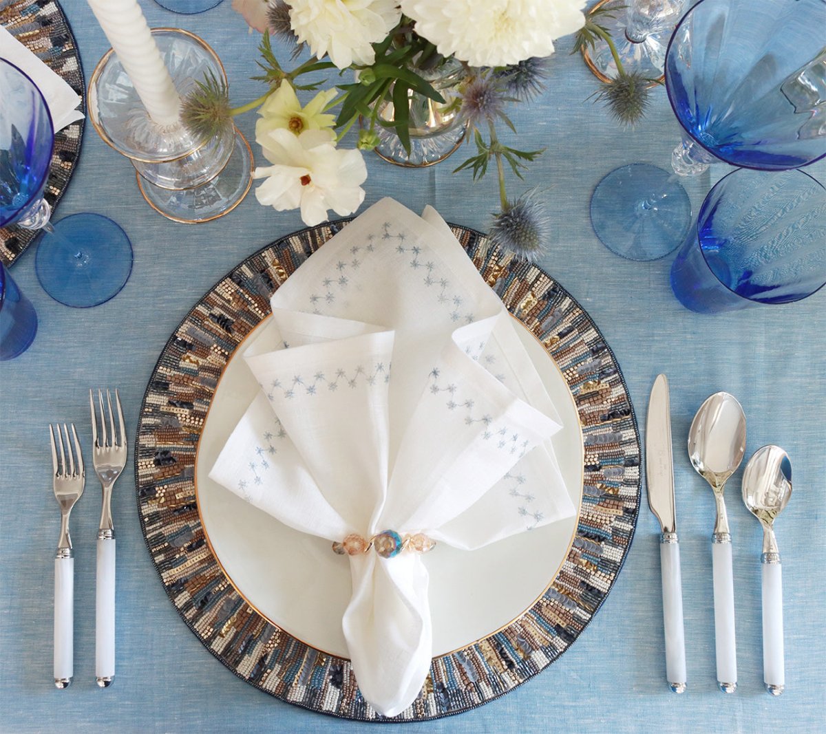 Starry Night Napkin in White & Blue, Set of 4 Kim Seybert on Table Setting at Fig Linens and Home