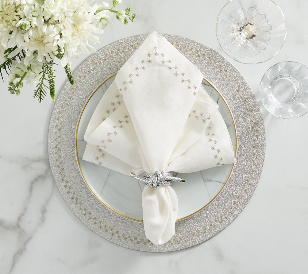 Starry Night Napkin in White & Silver, Set of 4 Kim Seybert at Fig Linens and Home - Lifestyle Photo