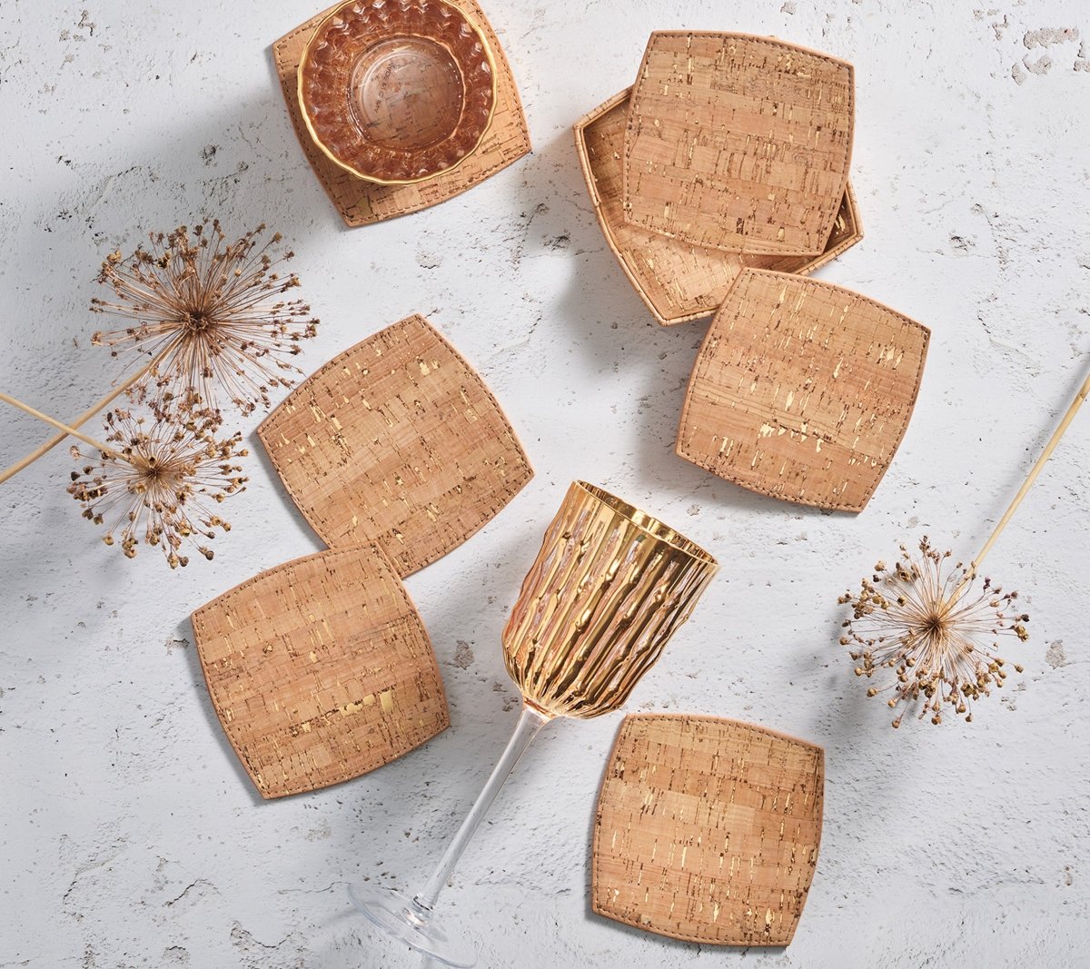 Whistler Coaster in Natural & Gold, Set of 6 in a Caddy Kim Seybert Natural/Gold 4.5"L x 4.5"W x 0.1"H at FIG LINENS AND HOME 1