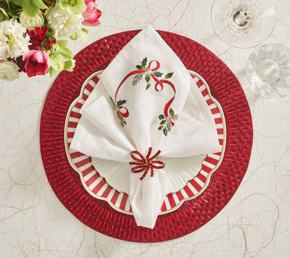 Xmas Ribbon Napkin in White, Red & Green, Set of 4 Kim Seybert at Fig Linens and Home 1