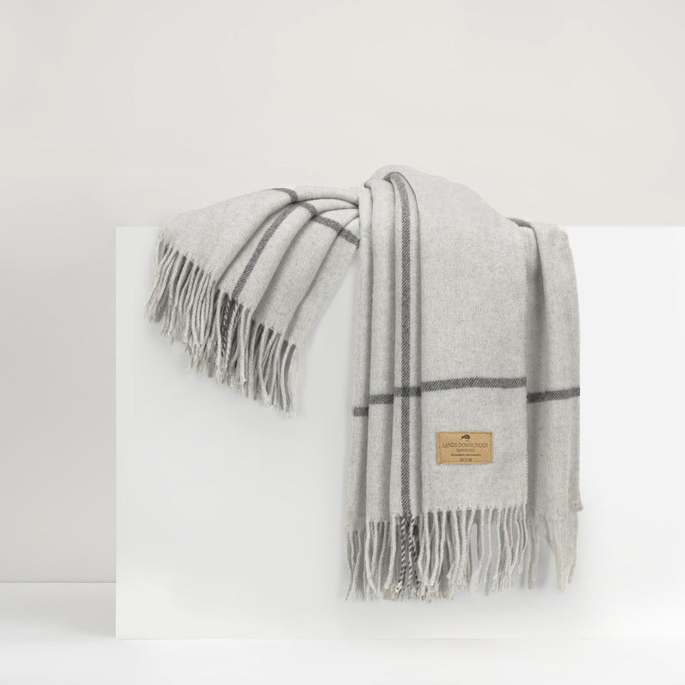 Windowpane Cashmere Light Grey Throw by Lands Downunder at Fig Linens and Home - Shown on Riser