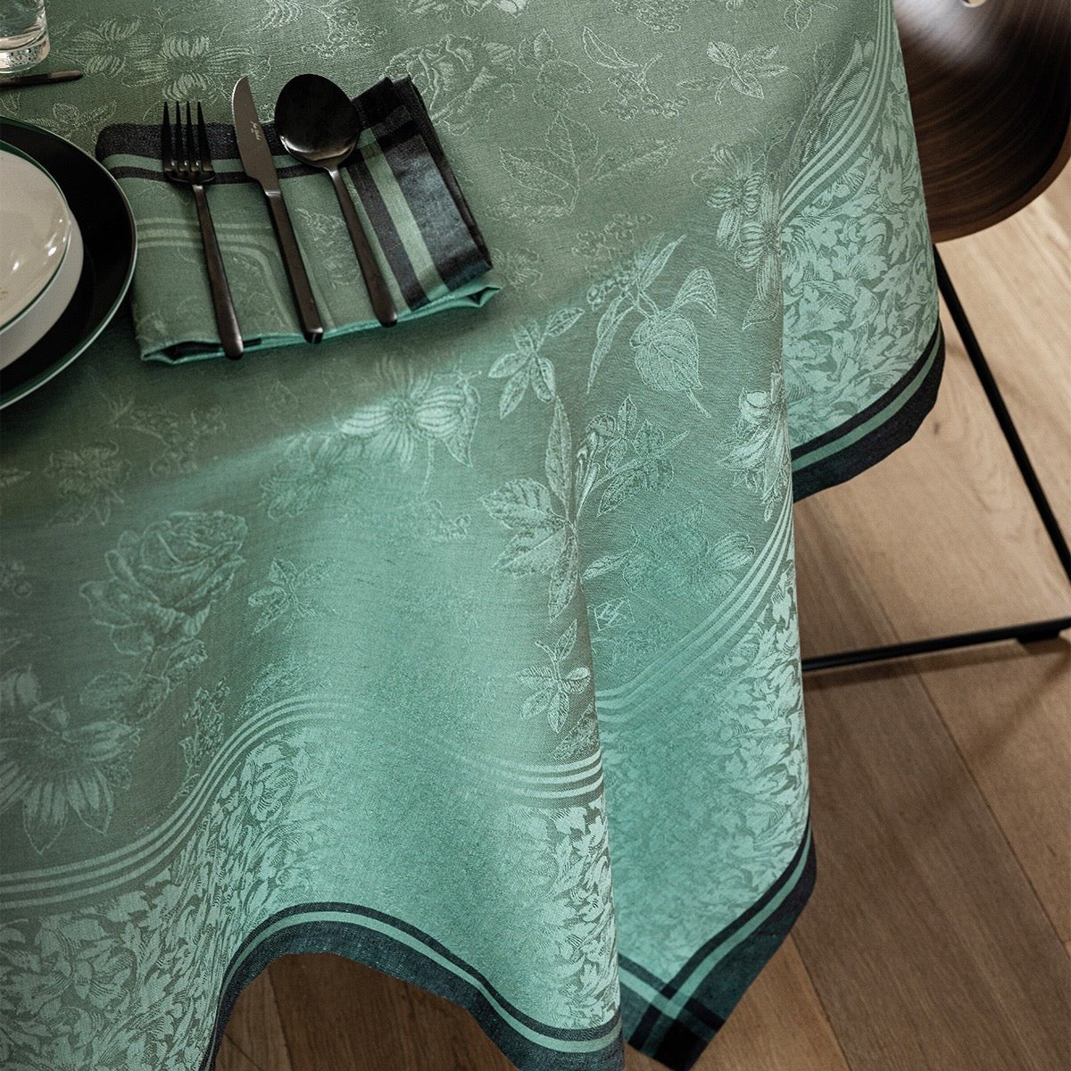 Romance Green Tablecloth By Le Jacquard Francais at Fig Linens and Home | Green Table Linens 5