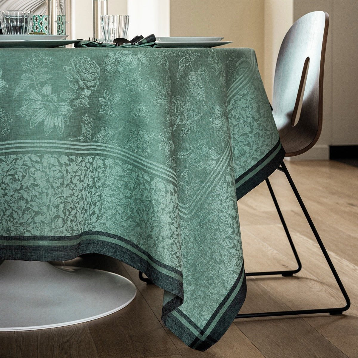Romance Green Tablecloth By Le Jacquard Francais at Fig Linens and Home | Green Table Linens 2