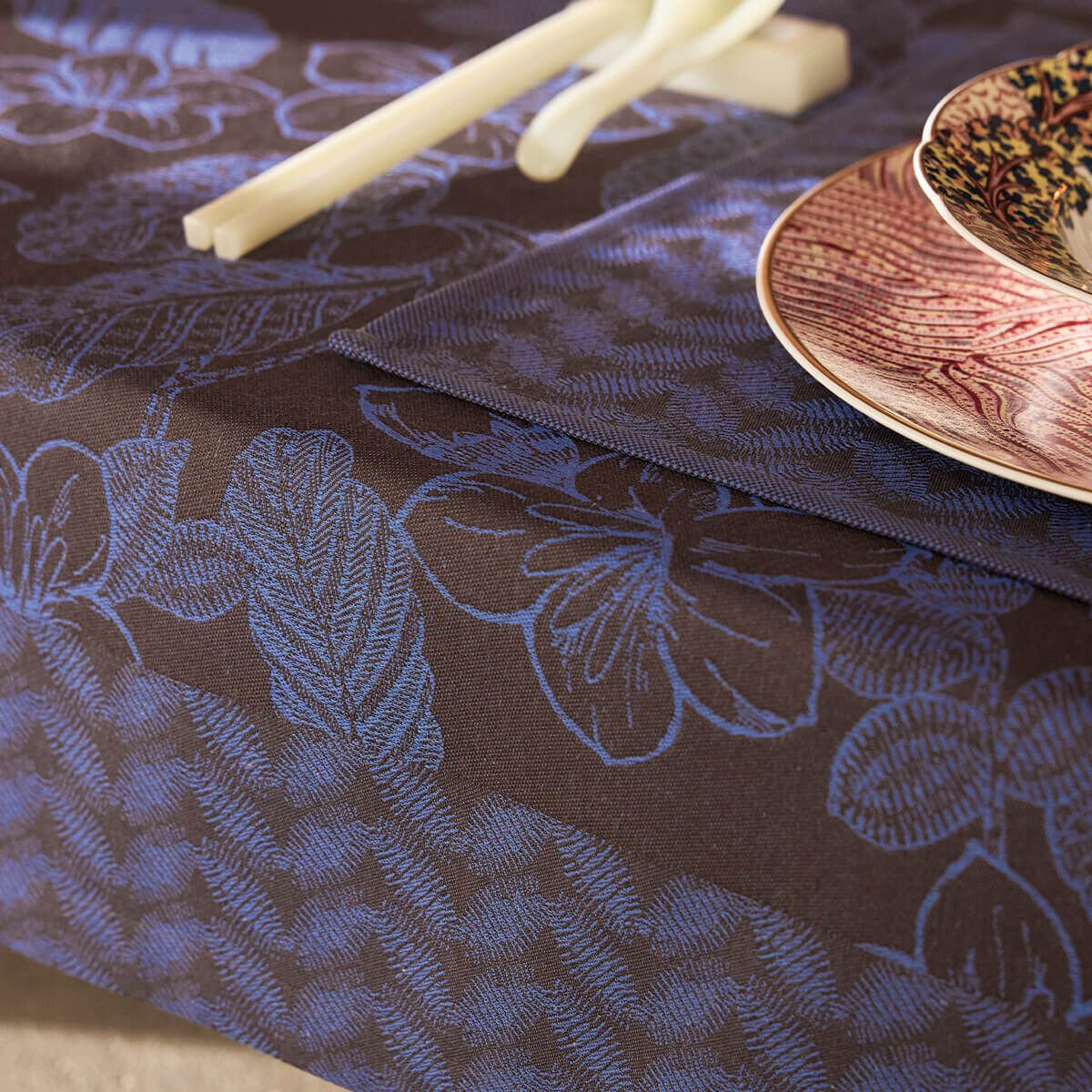 Sulawesi Blue Tablecloth by Le Jacquard Français at Fig Linens and Home - Lifestyle View 3