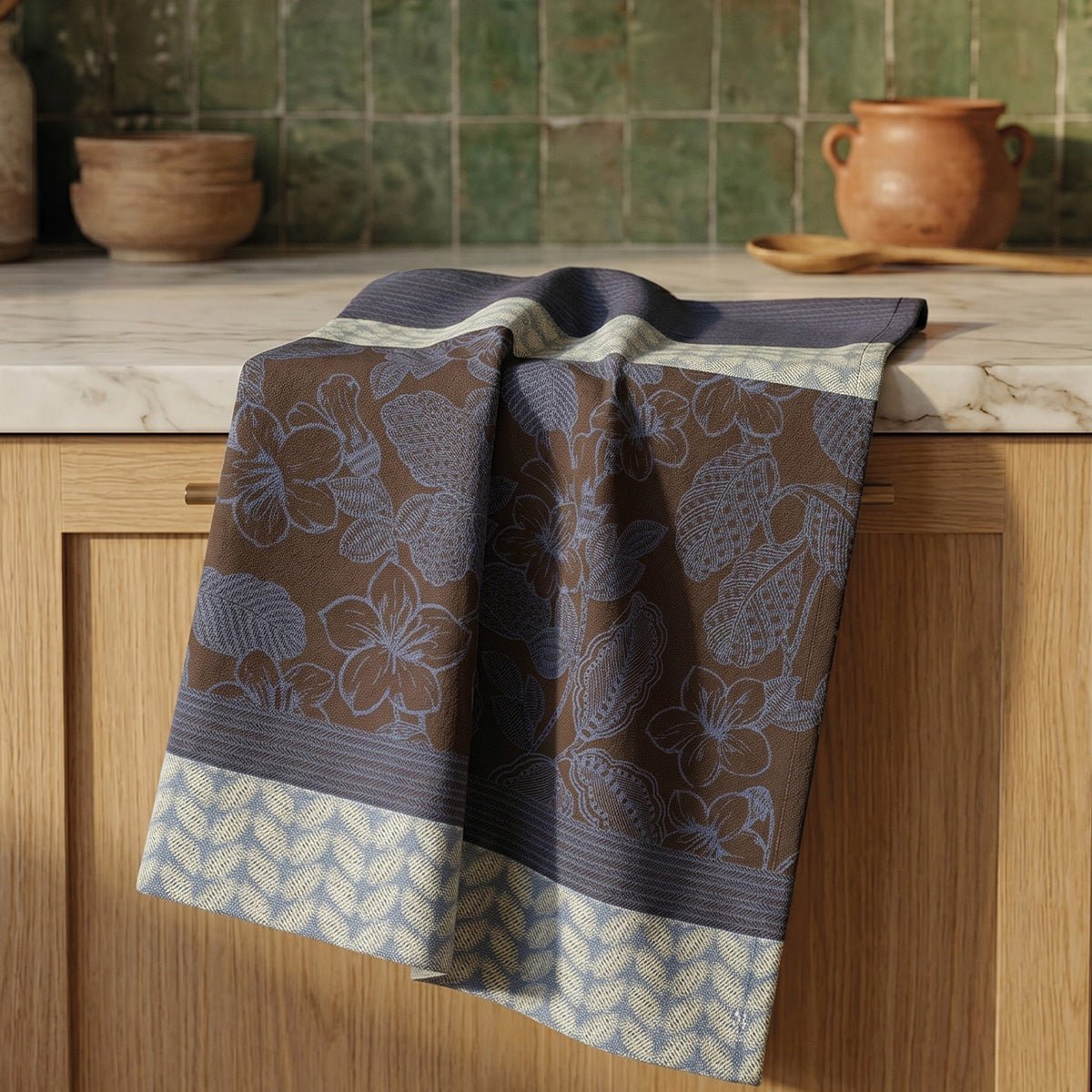 Sulawesi Blue Tea Towel by Le Jacquard Français at Fig Linens and Home - Lifestyle View 1