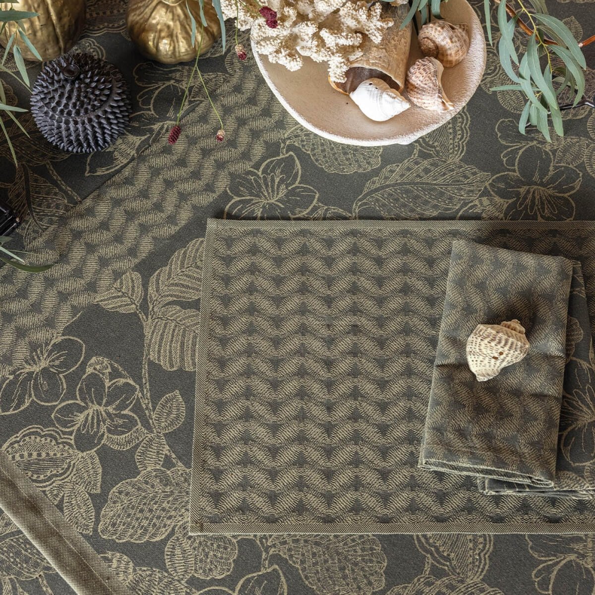Le Jacquard Français Sulawesi Green Tablecloth at Fig Linens and Home - Lifestyle View 4