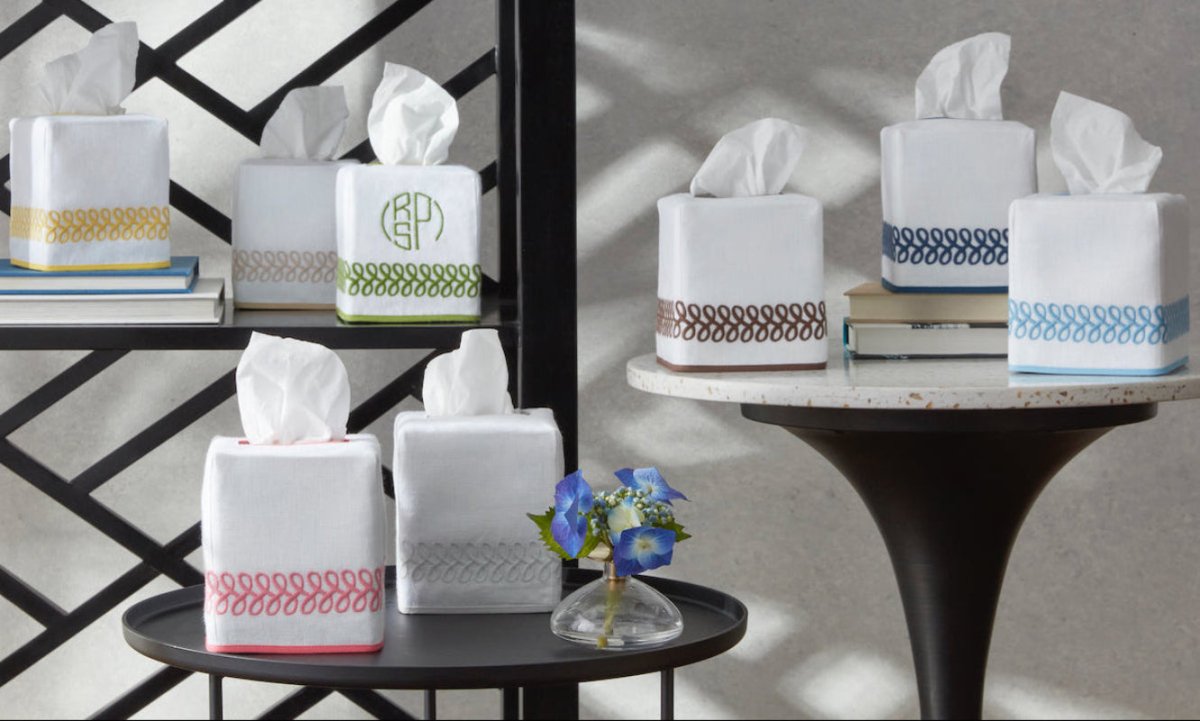 Matouk Schumacher Astor Braid Tissue Box Covers at Fig Linens and Home - Lifestyle 1
