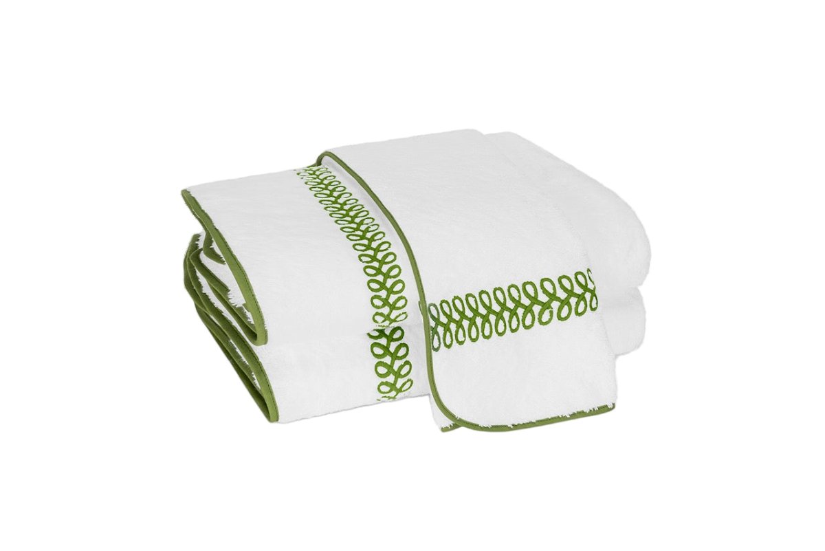 Matouk Towels - Astor Braid Grass Green Embroidery on White Cotton Terrycloth Bath Collection