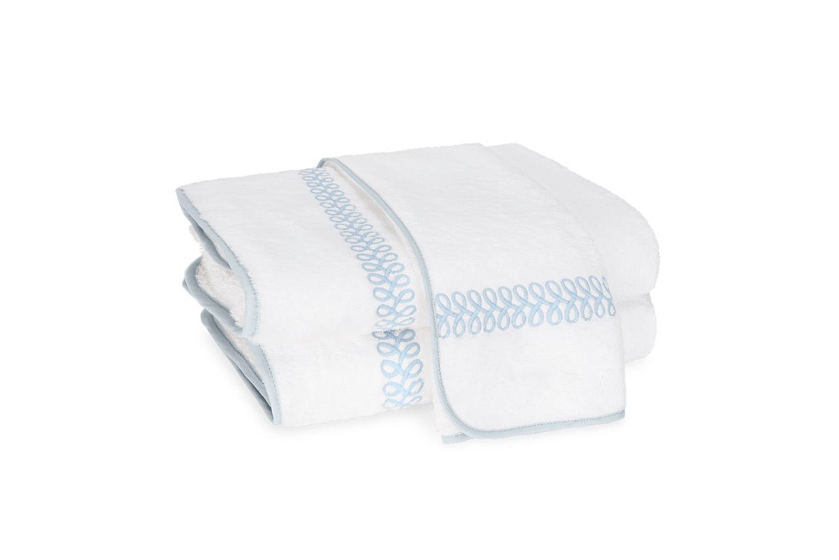 Matouk Towels - Astor Braid Light Blue Embroidery on White Cotton Terrycloth Bath Collection