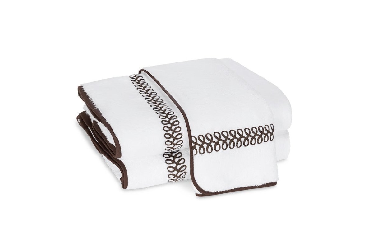 Matouk Towels - Astor Braid Brown Embroidery on White Cotton Terrycloth Bath Collection