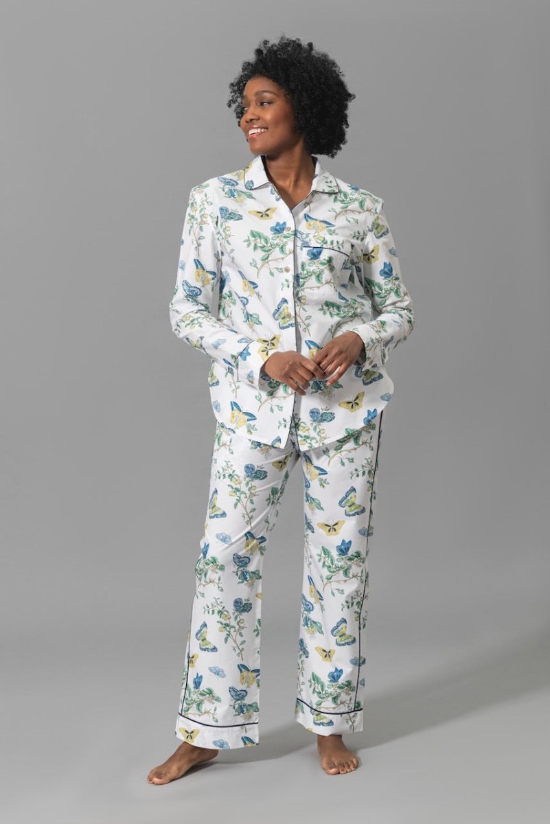 Pajamas - Matouk Baudin Butterfly Sea Blue Pj's on Model - Front 1 at Fig Linens and Home