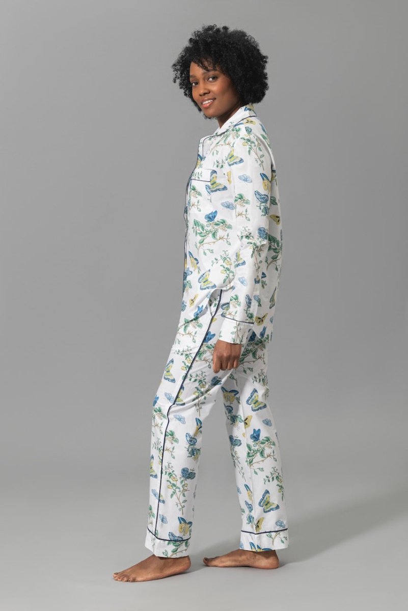 Pajamas - Matouk Baudin Butterfly Sea Blue Pj's on Model - Front 4 at Fig Linens and Home