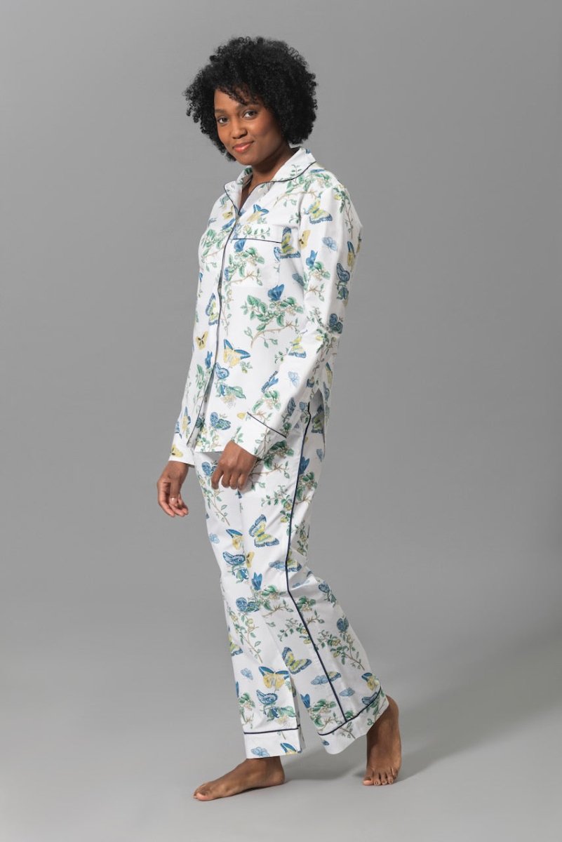 Pajamas - Matouk Baudin Butterfly Sea Blue Pj's on Model - Front 2 at Fig Linens and Home
