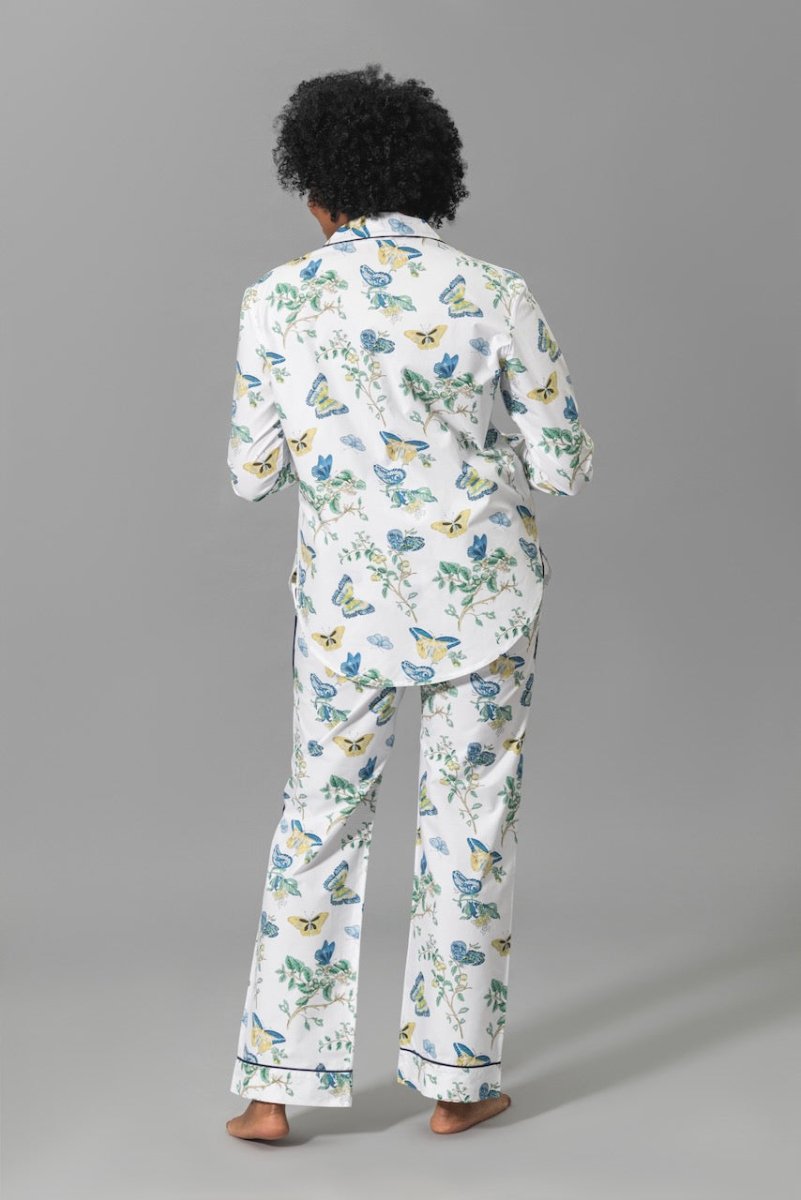 Pajamas - Matouk Baudin Butterfly Sea Blue Pj's on Model - Back 1 at Fig Linens and Home
