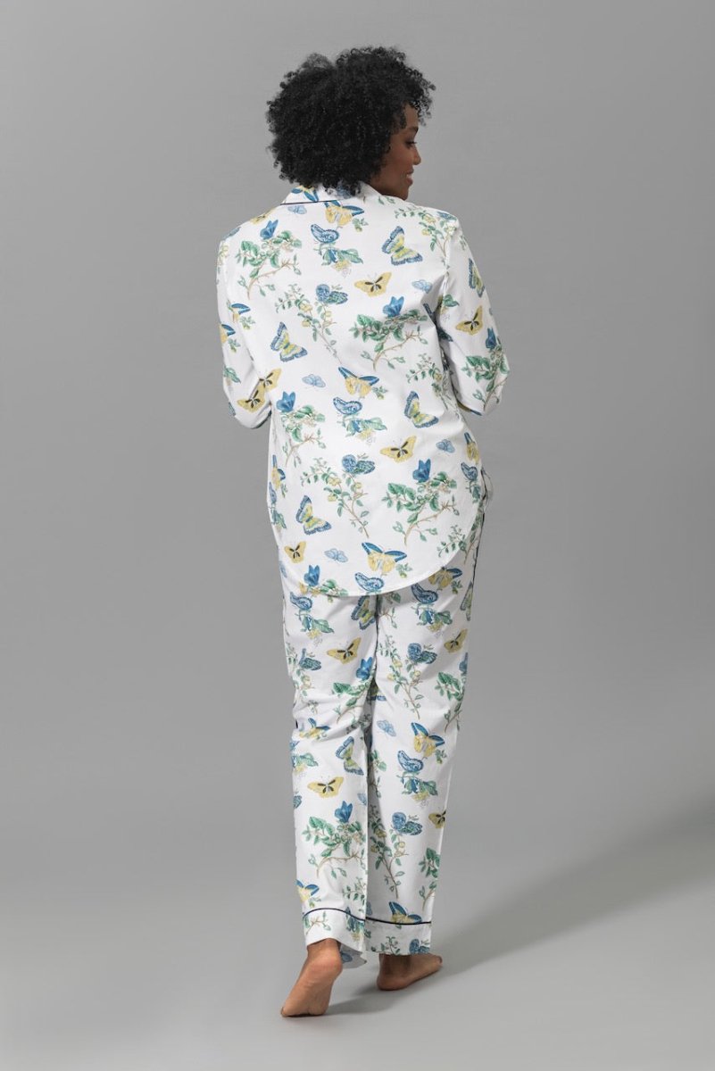Pajamas - Matouk Baudin Butterfly Sea Blue Pj's on Model - Back 2 at Fig Linens and Home
