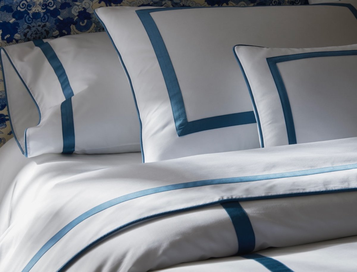 Matouk Bedding | Sea Blue Louise Giza Cotton Duvets, Sheets, Shams shown on Bed at Fig Linens & Home