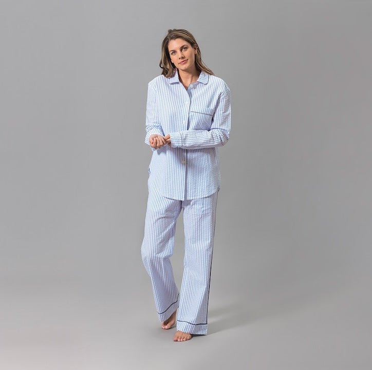 Matouk Matteo Seersucker Pajamas Azure Blue at Fig Linens and Home