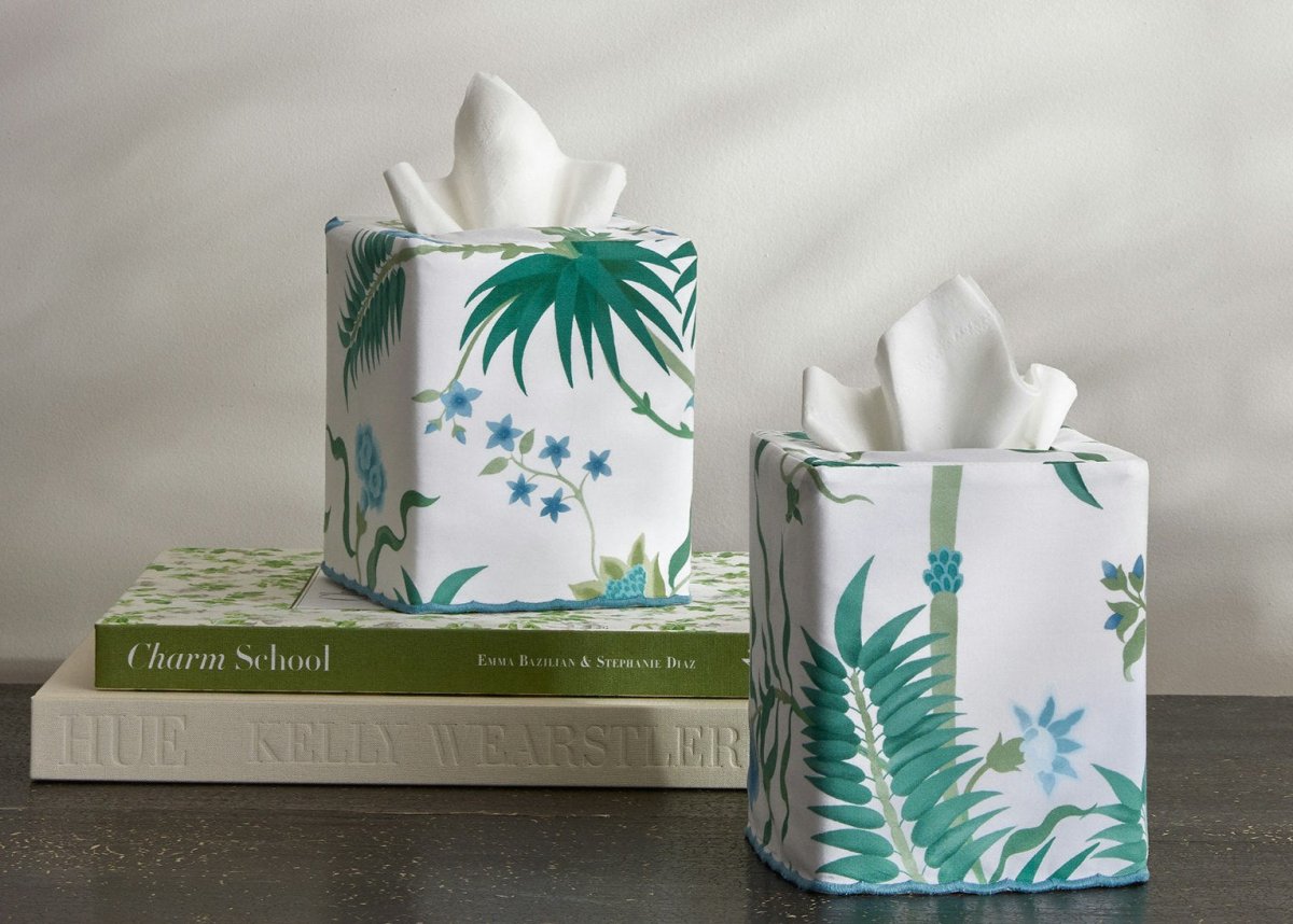 Matouk Schumacher Palmyra Emerald Tissue Box Cover Lifestyle Photo at Fig Linens and Home