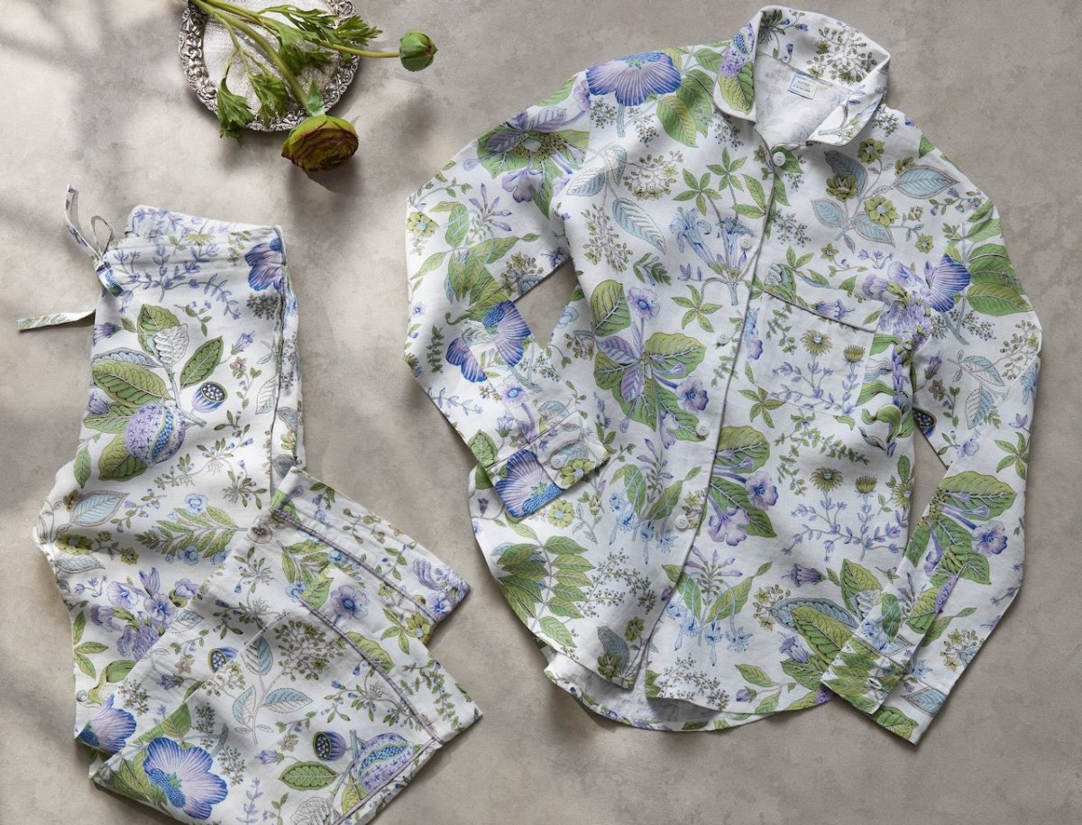 Matouk Pajamas - Pomegranate Lilac Roman 100% Linen PJ's at Fig Linens and Home - Lifestyle Photo 1