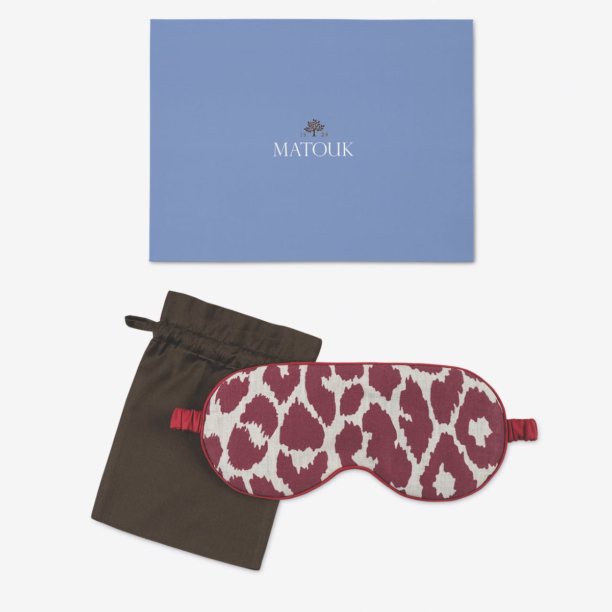 Matouk Valentina Sleep Mask shown with Box - Leopard Crimson Red